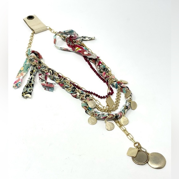 New Anthropologie Aspen Stone Layered Necklace Gold Charm Textile - Picture 8 of 9